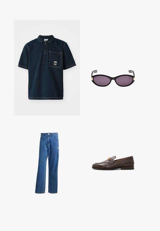 adidas Originals GRAPHIC - Polo - medium blue denim; Vaqueros de mezclilla anchos de talle alto en azul, con bolsillos frontales, presillas para cinturón, cierre de botón y pequeño logo de Adidas en el muslo derecho.; Mocasines de cuero marrón oscuro con estampado de cocodrilo, hebilla de metal dorado y tacón bajo apilado, vista lateral sobre fondo blanco.; Gafas de sol tipo cat-eye negras con lentes morados. Presenta acentos dorados cerca de las patillas. Montura de plástico suave con un acabado brillante.