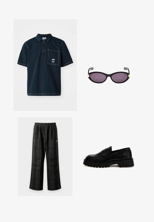 adidas Originals GRAPHIC - Poloshirt - medium blue denim; Schwarze karierte Hosen mit elastischem Bund, zwei Fronttaschen und lockerer Passform im geraden Beinschnitt. Hergestellt aus leichtem Material.; Schwarze Lederlofer mit dicker, gerippter Sohle. Sie verfügen über eine genähte Mokassinschnittspitze und einen vorderen Riemen. Das Branding ist an der Ferse sichtbar.; Schwarze Katzenaugen-Sonnenbrille mit lila Linsen. Verfügt über goldene Akzente in der Nähe der Schläfen. Glatter Kunststoffrahmen mit glänzender Oberfläche.