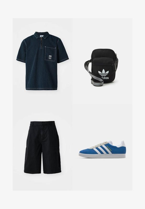 adidas Originals GRAPHIC - Polo majica - medium blue denim; BDG Urban Outfitters STRIPED WORKER - Kratke hlače iz džinsa - black; adidas Originals ADIDAS GAZELLE SHOES - Dvoranske nogometne kopačke - real madrid/bluebird/footwear white/crew yellow; Črna tkaninska torbica čez ramo z zadrgo, ki vsebuje belo Adidasovo logo in pridelano naramnico z več črtami za enostavno nošenje.