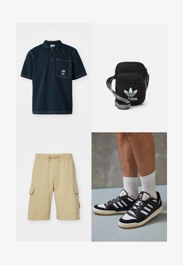 adidas Originals GRAPHIC - Polo marškinėliai - medium blue denim; Bežinės medvilninės kargo šortai su elastinga juosta, raišteliu ir šoninėmis kišenėmis. Lygi tekstūra ir iki kelių ilgio dizainas.; Juodos ir baltos sportinės bateliai su zomšiniu ir odiniu viršumi, su trimis baltomis juostelėmis, perforuota koja ir guminėmis padais.; Juodas audinio per petį nešiojamas krepšys su užtrauktuku, turintis baltą Adidas logotipą ir dryžuotą reguliuojamą diržą patogiam nešiojimui.