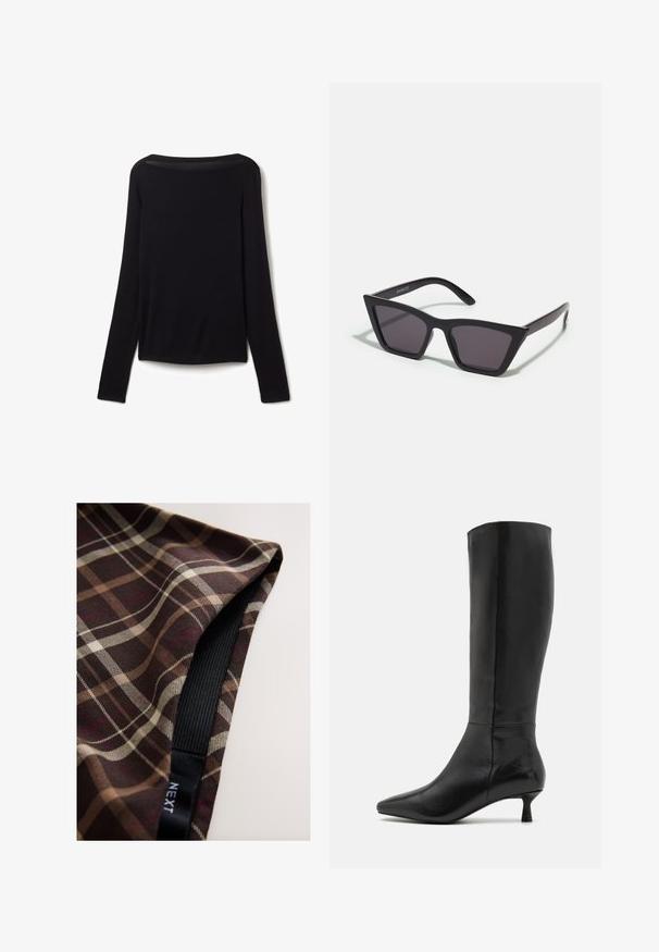 Maglietta nera a maniche lunghe in un tessuto morbido, con un ampio scollo e una vestibilità leggermente rilassata, priva di motivi visibili o dettagli in metallo.; Tessuto a quadri marrone con linee bianche e beige, dalla texture liscia e con una fascia elastica nera cucita lungo il bordo.; Zign Stivali alti - black; Occhiali da sole neri e angolari con lenti grigie; realizzati in plastica, con aste spesse dalla superficie liscia e senza hardware visibile.; Borsa a spalla intrecciata in pelle nera con manico rotondo e corpo a forma di mezzaluna su sfondo semplice.