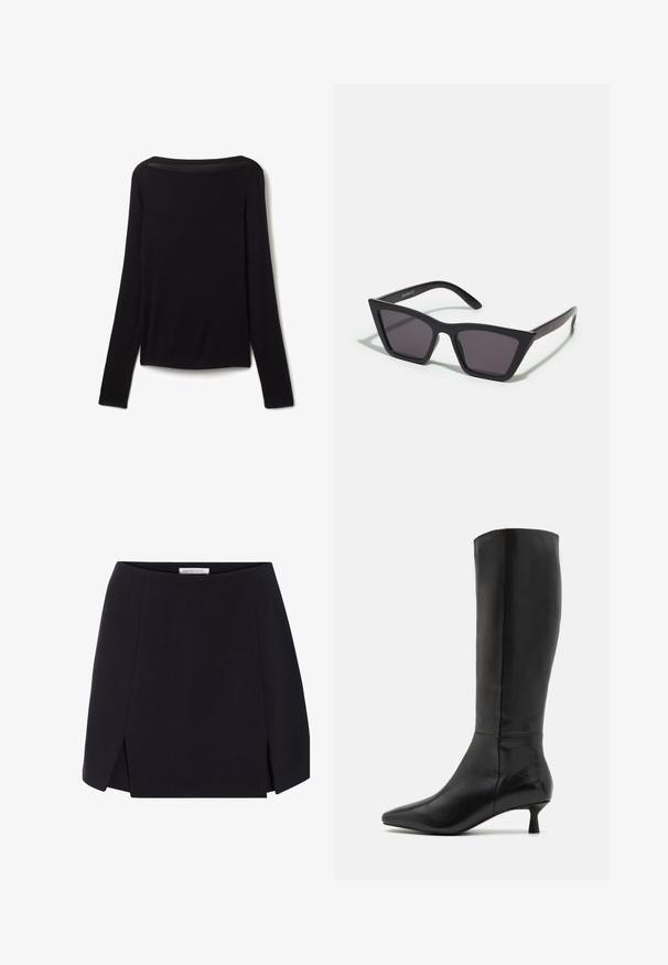 Long-sleeve black top in a soft fabric, featuring a wide neckline and a slightly loose fit with no visible patterns or hardware details.; Black a-line skirt with a smooth texture, featuring side slits and a clean, minimalist design. Label visible at the waistband.; Zign Boots - black; Black, angular sunglasses with gray lenses; made of plastic, featuring thick arms with a smooth surface and no visible hardware.