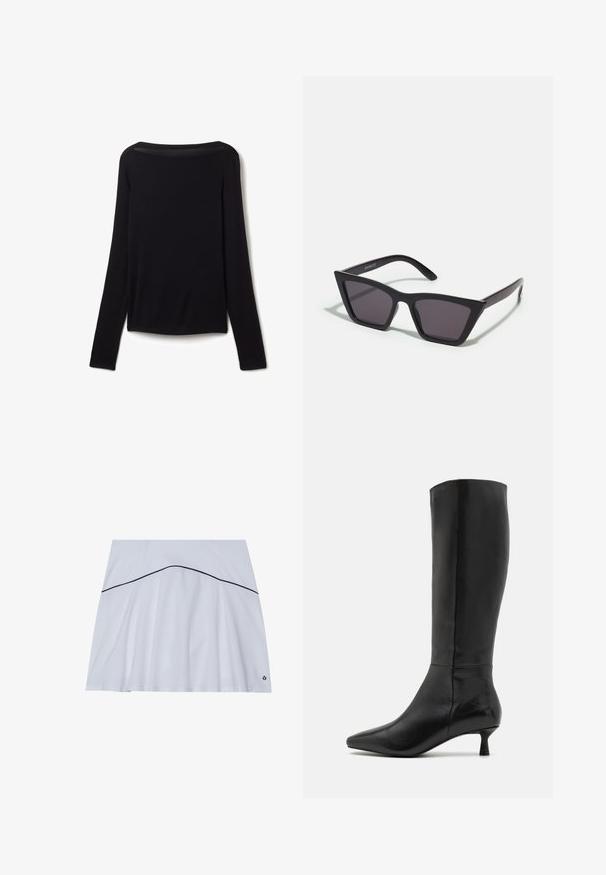 Long-sleeve black top in a soft fabric, featuring a wide neckline and a slightly loose fit with no visible patterns or hardware details.; White athletic skirt with a flared hem, featuring a navy accent line across the waist and a logo in the lower right corner.; Zign Boots - black; Black, angular sunglasses with gray lenses; made of plastic, featuring thick arms with a smooth surface and no visible hardware.