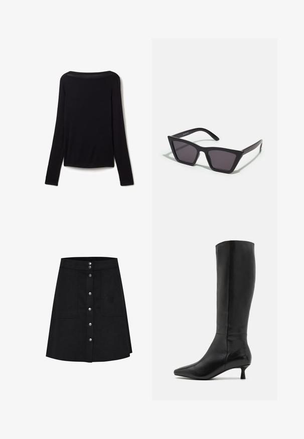 Langarmshirt aus schwarzem, weichem Stoff, mit weitem Ausschnitt und leicht lockerer Passform, ohne sichtbare Muster oder Hardware-Details.; Schwarzer A-Linien-Rock aus strukturiertem Stoff, mit einer durchgehenden Knopfleiste, zwei seitlichen Taschen und einem knielangen Saum.; Zign Stiefel - black; Schwarze, eckige Sonnenbrille mit grauen Gläsern; aus Kunststoff gefertigt, mit dicken Bügeln, die eine glatte Oberfläche und keine sichtbaren Beschläge haben.