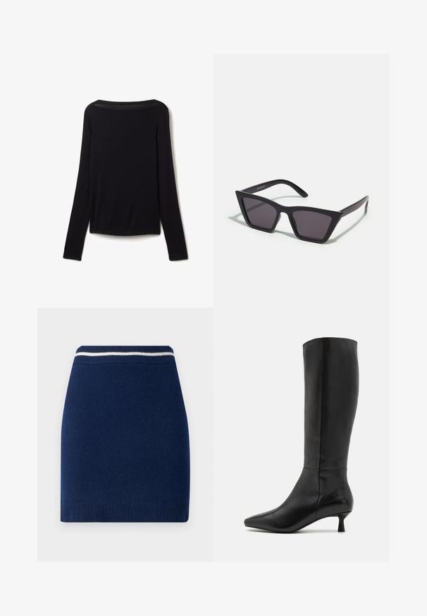 Langarmshirt aus schwarzem, weichem Stoff, mit weitem Ausschnitt und leicht lockerer Passform, ohne sichtbare Muster oder Hardware-Details.; Marineblaue Strickrock mit figurnaher Passform, ausgestattet mit einem gerippten Bund und einem kontrastierenden weißen Streifen. Glatte Textur, knielang.; Zign Stiefel - black; Schwarze, eckige Sonnenbrille mit grauen Gläsern; aus Kunststoff gefertigt, mit dicken Bügeln, die eine glatte Oberfläche und keine sichtbaren Beschläge haben.; Schwarze Wildleder-Clutch mit einem Reißverschluss und abnehmbarem Handgelenkband. Verfügt über goldfarbene Hardware und eine glatte, matte Oberfläche.