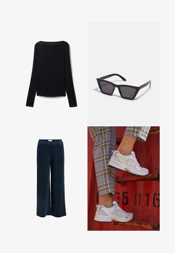 Long-sleeve black top in a soft fabric, featuring a wide neckline and a slightly loose fit with no visible patterns or hardware details.; Navy blue wide-leg pants made of a textured corduroy fabric with an elastic waistband and side seam pockets.; White mesh sneakers with silver accents and a textured sole, positioned on a red surface, paired with plaid trousers.; Black, angular sunglasses with gray lenses; made of plastic, featuring thick arms with a smooth surface and no visible hardware.