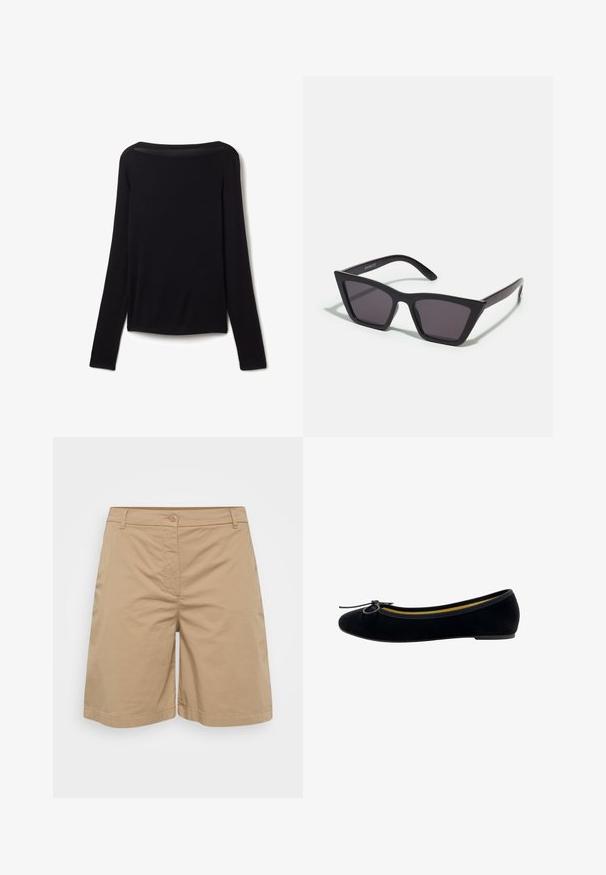 Zwart langsliggend topje van een zachte stof, met een brede halslijn en een iets losse pasvorm zonder zichtbare patronen of hardware details.; Kaki shorts gemaakt van een zachte katoenmix, met een rechte pijp ontwerp, knoopsluiting en steekzakken aan de voorkant.; Zwarte fluwelen balletschoenen met een ronde neus, een klein strikje aan de voorkant en een contrasterende gele binnenvoering.; Zwarte, hoekige zonnebril met grijze lenzen; gemaakt van plastic, met dikke armen met een gladde oppervlakte en zonder zichtbare hardware.; Zwarte leren geweven schoudertas met een ronde handgreep en een maansvormig lichaam op een effen achtergrond.