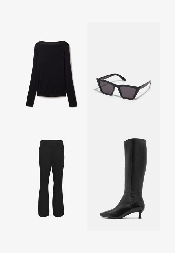 Dlouhé černé tričko z měkké látky, s širokým výstřihem a mírně volným střihem, bez viditelných vzorů nebo kovových detailů.; Černé kalhoty z hladké látky, se rovným střihem nohavic, plochým předním dílem a bočními kapsami. Bez viditelných vzorů nebo akcentů.; Zign Vysoká obuv - black; Černé, ostré sluneční brýle s šedými skly; vyrobené z plastu, s mohutnými rameny a hladkým povrchem bez viditelného hardwaru.