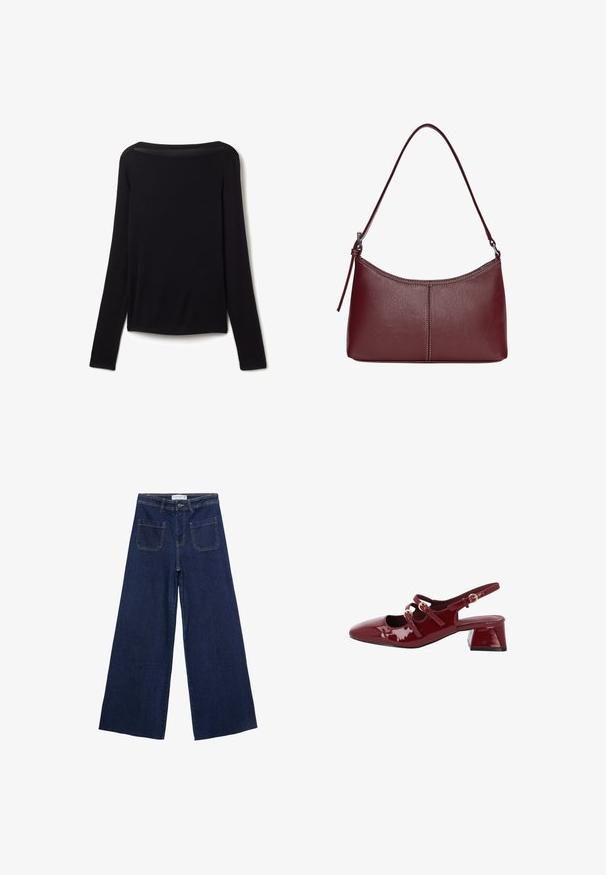 Langarmshirt aus schwarzem, weichem Stoff, mit weitem Ausschnitt und leicht lockerer Passform, ohne sichtbare Muster oder Hardware-Details.; Weite Denim-Jeans in Dunkelblau mit hoher Taille, vier Taschen und sichtbaren Nähdetails. Glatte Textur mit klassischem Schnitt.; Damen Slingback-High Heels aus bordeauxfarbenem Lackleder mit spitzer Zehe, zwei dekorativen Riemen und einem niedrigen Blockabsatz.; Bordeauxfarbene Ledertasche mit geschwungener Form, einem einzigen Schulterriemen und gesteppten Details in der Mitte. Glatte Textur, minimales Zubehör.