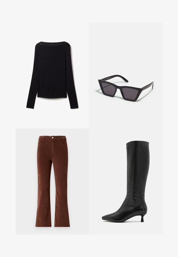 Langarmshirt aus schwarzem, weichem Stoff, mit weitem Ausschnitt und leicht lockerer Passform, ohne sichtbare Muster oder Hardware-Details.; Braune Cordhosen mit weit ausgestelltem Bein und mittlerer Taille, ausgestattet mit einem Knopfverschluss und zwei Vorderaschen. Glatte Textur und einheitliche Farbe.; Zign Stiefel - black; Schwarze, eckige Sonnenbrille mit grauen Gläsern; aus Kunststoff gefertigt, mit dicken Bügeln, die eine glatte Oberfläche und keine sichtbaren Beschläge haben.
