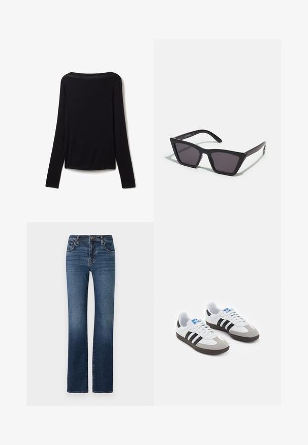 Blusa de manga larga negra en una tela suave, con un escote amplio y un ajuste ligeramente holgado, sin patrones visibles ni detalles de herrajes.; Jeans de mezclilla azul oscuro con diseño de pierna recta, talle alto, un ligero desgaste, cinco bolsillos y cierre con botón de metal.; Zapatillas deportivas con parte superior de piel blanca, puntera de ante gris y tres rayas negras. Presentan un logo azul en la lengüeta y una suela de goma texturizada.; Gafas de sol negras y angulares con lentes grises; fabricadas en plástico, con varillas gruesas de superficie suave y sin herrajes visibles.