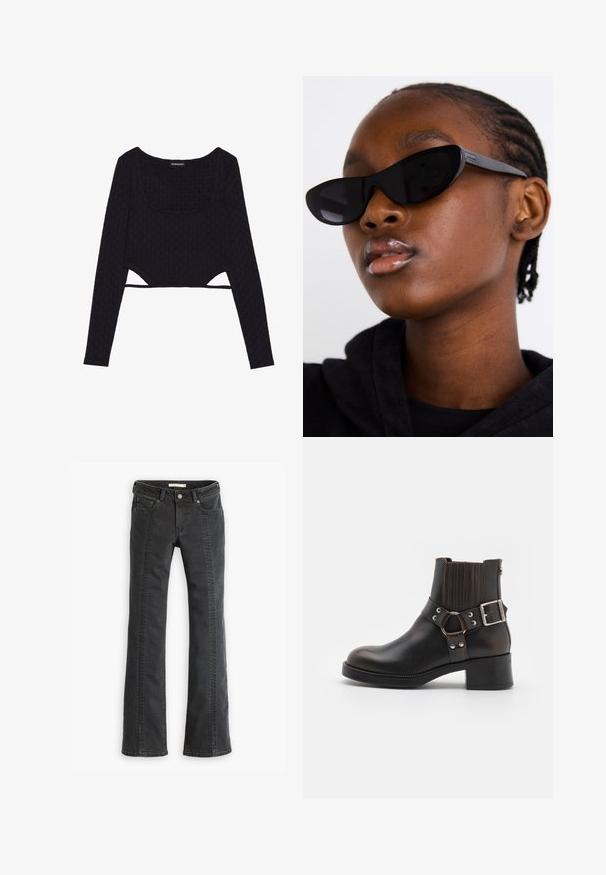 Black cropped long-sleeve top with a textured hexagonal pattern, scoop neckline, and cut-out accents at the hem. Soft, stretchy fabric.; Black denim flared jeans with five pockets, belt loops, and contrasting stitching along the front seams. Soft texture and standard waist.; Black leather ankle boot with a rounded toe, elastic side panels, and a decorative buckle strap. Features contrast stitching and a low heel.; Black cat-eye sunglasses with a matte finish, featuring a sleek design and gently curved edges, set against a model's dark clothing.