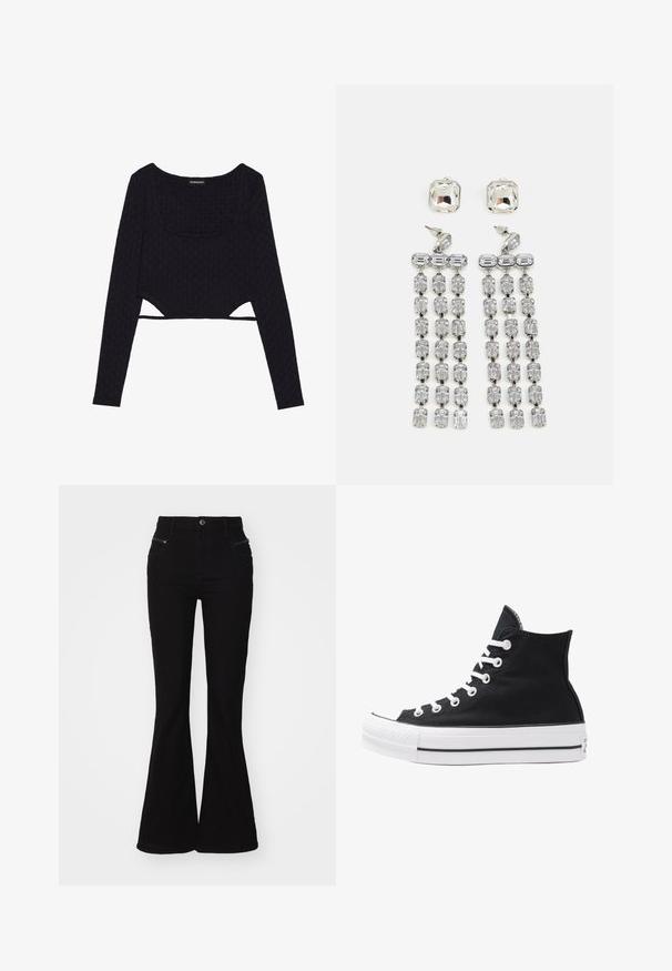 Juodas trumpas ilgomis rankovėmis viršus su tekstūruotu šešiakampiu raštu, giliais iškirpimu ir išpjovomis apatinėje dalyje. Minkšta, elastinga medžiaga.; Juodai platėjantys džinsai su aukštu liemeniu, turintys priekinius kišenes ir užtrauktukų akcentus. Pagaminti iš lygaus džinsinio audinio.; Juodos aukštos kanvas sportbačiai su baltais akių angomis, raišteliais ir guma padais. Yra tekstūruotas pirštų gaubtas ir juodai baltos juostos akcentai.; Kristaliniai auskarai su sidabro atspalvio detalėmis, su kvadratiniu auskaru ir kaskadinėmis stačiakampių bei aštuonkampių kristalų eilėmis.