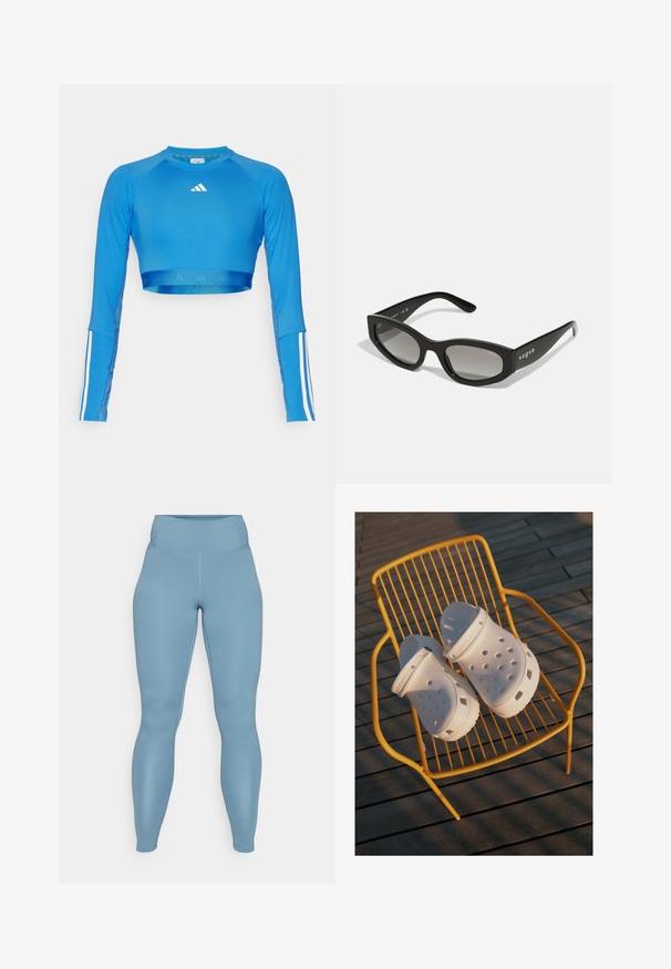 Mėlynas ilgas rankoves sportinis viršus, sukurtas iš lygios medžiagos, su baltos juostelės akcentais ant rankovių ir maža logotipo detalė krūtinėje.; Mėlynos aukšto liemens legginsinės kelnės, pagamintos iš sklandžios, tampraus audinio. Turi formą nepriklausantį siluetą ir be siūlių dizainą su nedideliu blizgesiu.; Balti Crocs klumpiai pasižymi perforuotu dizainu, plokščiomis padangomis ir reguliuojamais kulno dirželiais, poilsiaudami ant geltonos vielinės kėdės prieš medinėmis grindimis.; Juodos saulės akinių su elegantišku katės akies forma, turinčiais gradientinius lęšius ir prekės ženklo pavadinimą "vogue", atspausdintą šone.