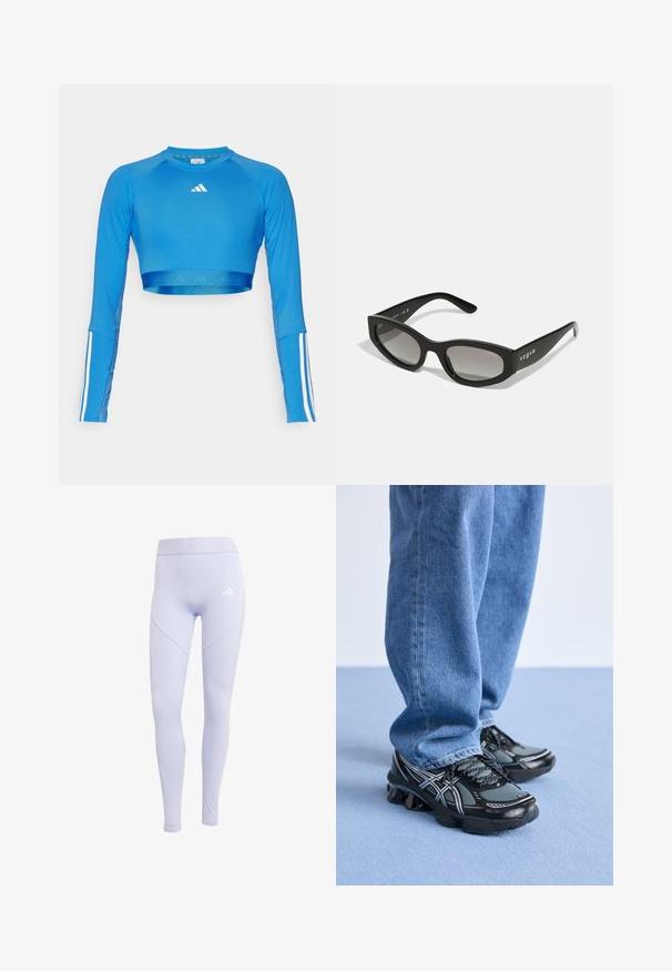 Sinine pikkade varrukatega lühike spordisärk, mis on valmistatud siledast materjalist, sisaldab valgeid triibu aktsente varrukatel ja väikest logo rinnal.; Heledad lilla retuus, mis on valmistatud venitavast kangast ja millel on kõrge vöökoht, sisaldavad diskreetset logo ja õmblusteta külgpaneeli disaini.; Mustad musta ja halli jooksujalatsid, millel on võrkkangas, peegeldavad aktsendid ja tekstureeritud tallaosad, kombineeritud lääne siniste lõdva denimipükstega.; Mustade prillid peene kassi silma kujuga, gradient objektiividega ja brändi nimi "vogue" trükituna küljel.