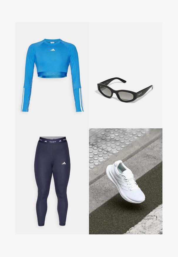 Haut de sport cropped à manches longues bleu en matériau lisse, avec des accents de rayures blanches sur les manches et un petit logo sur la poitrine.; Leggings bleu marine en tissu extensible avec une taille haute. Présente le marquage "TECHFIT" et un logo Adidas blanc sur la cuisse.; Baskets blanches de sport avec une tige en maille, un design à lacets et une semelle texturée. Marquage subtil et détails de construction sans coutures visibles.; Lunettes de soleil noires avec une forme œil de chat élégante, dotées de verres dégradés et du nom de la marque "vogue" imprimé sur le côté.