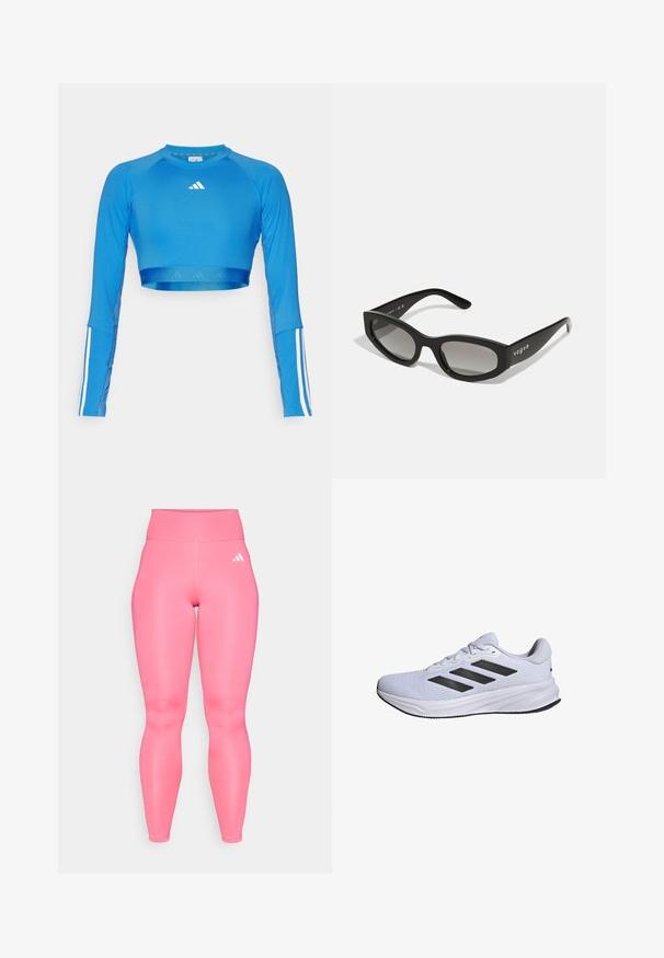 Niebieski, długi rękaw, krótki sportowy top wykonany z gładkiego materiału, z białymi pasami na rękawach i małym logo na klatce piersiowej.; Różowe legginsy z wysokim stanem o gładkiej, błyszczącej teksturze. Zawierają białe logo w trzech paskach po lewej stronie. Elastyczny pas.; adidas Performance RESPONSE UNISEX biały; Czarne okulary przeciwsłoneczne o eleganckim kocim kształcie, z gradientowymi szkłami i nazwą marki "vogue" nadrukowaną z boku.