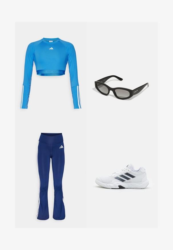Blue long-sleeve cropped sports top made of a smooth material featuring white stripe accents on sleeves and a small logo on the chest.; Navy flared leggings made of stretchy fabric, featuring white side stripes and an Adidas logo on the left hip. Smooth texture, high waist.; White athletic shoe with mesh upper, three black stripes on the side, textured accents, and a sturdy rubber sole with a contrasting black section.; Black sunglasses with a sleek cat-eye shape, featuring gradient lenses and the brand name "vogue" printed on the side.