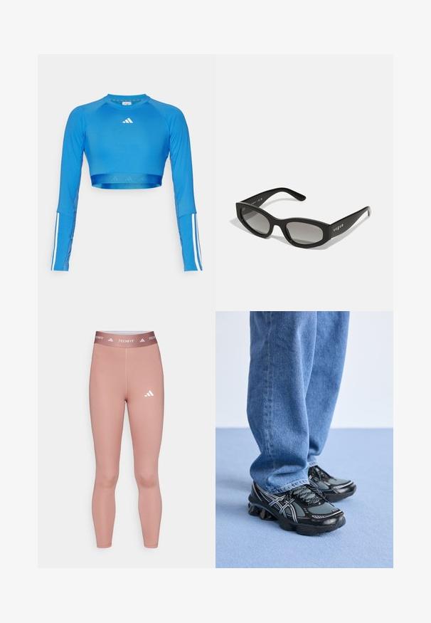 Sininen pitkähihainen cropped-urheilupaita, joka on valmistettu sileästä materiaalista. Hihansuissa valkoiset raidat ja rinnassa pieni logo.; Techfit-leggingsit pehmeas roosas värvuses, valmistatud venivast materjalist, millel on eestikeelne kujundus ja valge logo alumisel jalal ja vööl.; Mustat ja harmaat juoksulenkkarit, joissa on verkkomateriaali, heijastavat yksityiskohdat ja teksturoitu pohja, yhdistettynä rentoihin sinisiin farkkuihin.; Mustat aurinkolasit, joissa on tyylikäs kissamainen muoto, varustettuna gradienttilinsseillä, ja brändin nimi "vogue" painettuna sivulle.