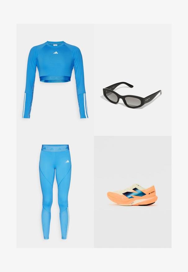 Niebieski, długi rękaw, krótki sportowy top wykonany z gładkiego materiału, z białymi pasami na rękawach i małym logo na klatce piersiowej.; Niebieskie legginsy wykonane z elastycznego materiału. Posiadają szeroki pas z logo oraz siateczkowe wycięcia wzdłuż nóg dla wentylacji.; Buty biegowe z lekką kremową cholewką, niebieskim logo i pomarańczowymi akcentami na podeszwie. Siatkowa tekstura dla lepszej wentylacji.; Czarne okulary przeciwsłoneczne o eleganckim kocim kształcie, z gradientowymi szkłami i nazwą marki "vogue" nadrukowaną z boku.