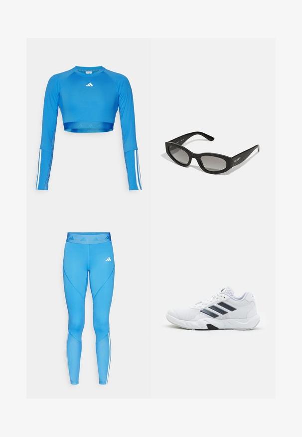 Top sportivo cropped a maniche lunghe di colore blu, realizzato in un materiale liscio e caratterizzato da accenti di strisce bianche sulle maniche e un piccolo logo sul petto.; Leggings blu in materiale elasticizzato. Presentano un ampio elastico in vita con dettagli del logo e inserti in mesh lungo le gambe per la ventilazione.; Scarpa sportiva bianca con tomaia in mesh, tre strisce nere sui lati, dettagli testurizzati e una suola in gomma robusta con una sezione nera a contrasto.; Occhiali da sole neri con una forma cat-eye elegante, dotati di lenti sfumate e con il nome del marchio "vogue" stampato sul lato.