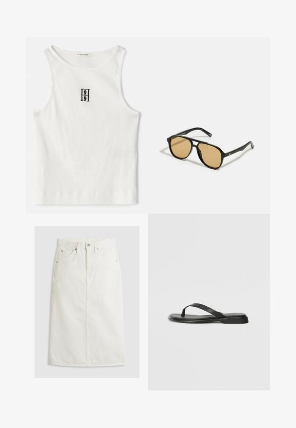 Valge ribaga tank top, millel on must tikandiga logo, mis on keskendatud rinnale. Kaelus ja käeaukude servad on kaunistatud diskreetse ääristusega.; Valge denimikardigan midi pikkuses, kõrge vöökoht, ees nööbiga sulgemine ning kaks küljetaskut. Omab sirget siluetti ja õmblusdetailide embellishment'i.; Musta sussumood, mis on valmistatud siledast nahast. Sellel on õhuke rihma disain ja lame tald minimaalsete joontega. Mingeid silmatorkavaid mustreid või aktsente ei ole.; Mustad pruunide läätsedega mustad prillid; ristkülikukujuline kuju paksu raamiga, sealhulgas peened metallist aksessuaarid templites.; Pruunist nahast käsipagas kahe tugeva käepidemega, kandiline kuju, sile tekstuur ja tõmblukuga sulgemine. Minimalistlik disain, ilma nähtavate mustriteta.