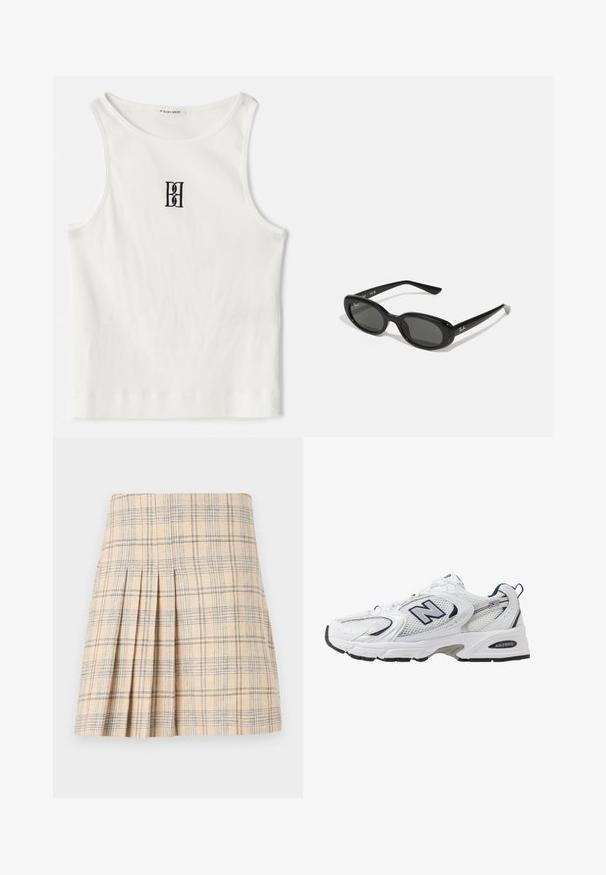Bela rebrasta majica bez rukava s crnim izvezenim logotipom u središtu grudnog dela. Ovratnik i otvor za ruke su završeni suptilnim obradom.; Plišast krilo v bež barvi s plavimi in rjavimi črtami, s prilagojenim pasom in teksturirano tkanino za strukturiran videz.; Bele športne copate z mrežasto zgornjimi deli, mornarskimi naglasnimi barvami in oblazinjeno podplatom. Vključujejo logotip "N", vezalke in teksturirane detajle na strani.; Črne sončne očala z ovalnimi lečami, sijajnim plastičnim okvirjem in tankimi ročaji. Na strani se nahaja belo logotip Ray-Ban.
