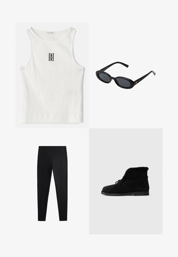 Bijela rebrasta majica bez rukava s crnim izvezenim logotipom u središtu prsnog dijela. Izrez i otvori za ruke su finiširani suptilnim obrubom.; Crne tajice izrađene od glatkog, rastezljivog materijala. Imaju široki pojas i suženi kroj nogavica, pogodne za aktivno ili ležerno nošenje.; Crne antilop čizme do gležnja s krznom vidljivim na otvoru i vezicom omotanom oko gornjeg dijela.; Crne velike sunčane naočale s ovalnim staklima, glatkim plastičnim okvirom i zlatnim detaljima na sljepočnicama. Tamna stakla pružaju zaštitu od sunca.