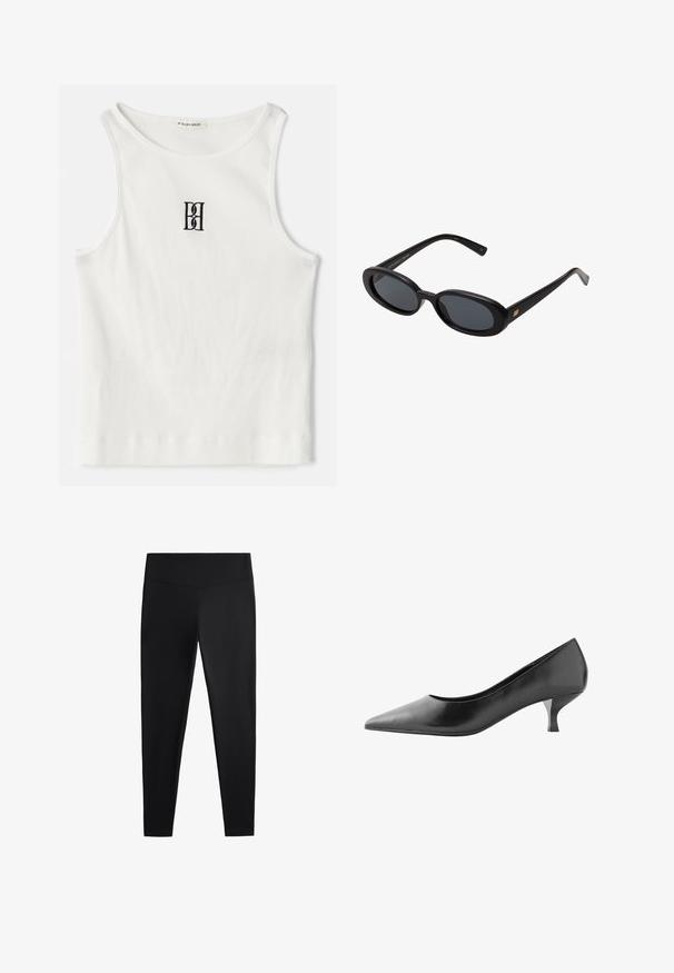 Hvid ribbet tanktop med et sort broderet logo centreret på brystet. Udhulningen og ærmegabene er afsluttet med en subtil kant.; Sorte leggings lavet af glat, strækbart stof. Har en bred talje og en tapered ben-design, velegnet til aktiv eller afslappet brug.; Next FOREVER COMFORT COURT - Pumps - mottled black; Store store