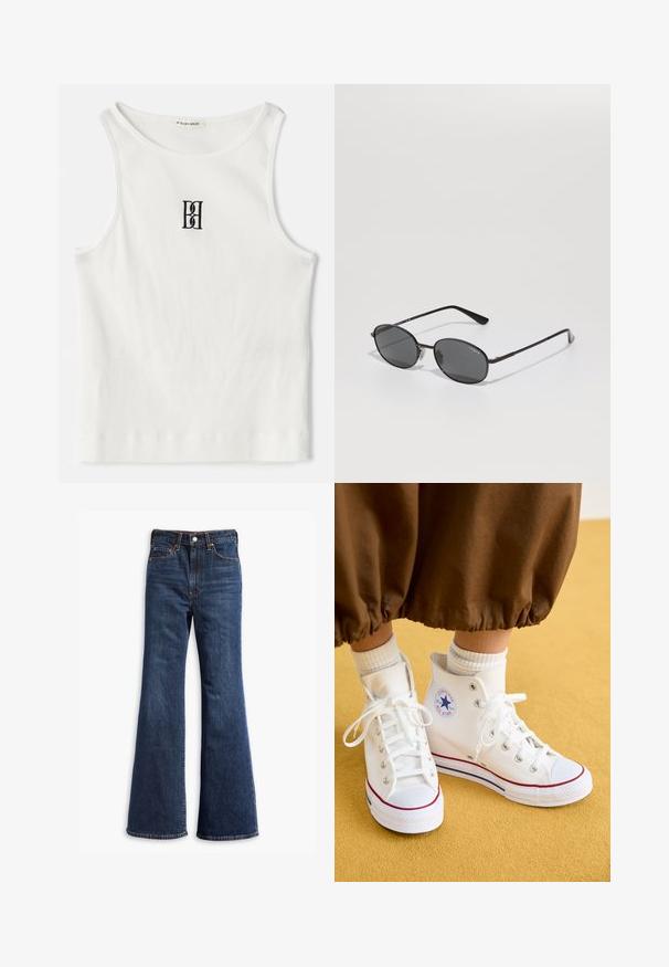 White ribbed tank top featuring a black embroidered logo centered on the chest. The neckline and armholes are finished with a subtle binding.; High-waisted dark blue denim jeans with flared legs, front button and zipper closure, and five-pocket design.; White high-top canvas sneakers with a rubber sole, featuring silver eyelets, a red and blue trim, and a circular logo on the ankle.; Black oval sunglasses with dark lenses, thin metal frame, and straight temples. Features brand logo on the inner arm and nose pads.; The North Face PACK UNISEX - Bum bag - black/asphalt grey