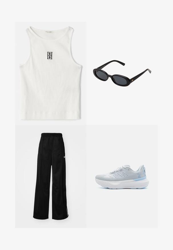 Biely rebrovaný tielko s čiernym výšivkovým logom umiestneným na hrudi. Výstrih a otvory na rukávy sú dokončené jemným lemovaním.; Čierne široké teplákové nohavice s elastickým pásom, s bielymi bočnými pruhmi a malým logom na ľavom boku. Hladký textil.; Under Armour INFINITE PRO - Cestná bežecká obuv - distant gray/halo gray/nimbus blue; Čierne oversized slnečné okuliare s oválnymi šošovkami, hladkým plastovým rámom a zlatými akcentmi na straniciach. Tmavé šošovky poskytujú ochranu pred slnkom.