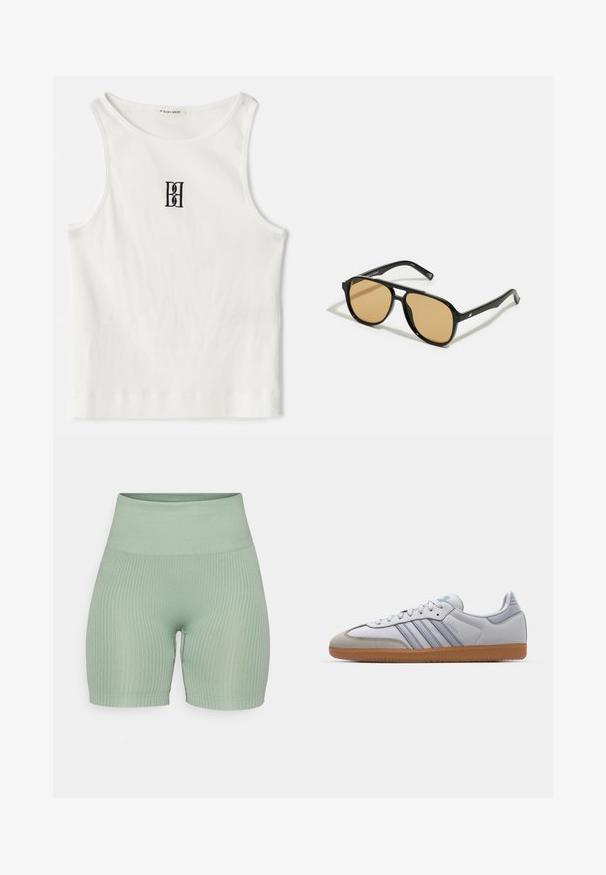 Fehér bordázott ujjatlan póló, melyen a mellkas közepén egy fekete hímzett logó található. A nyakkivágás és az ujjak nyílásai finom szegéllyel vannak ellátva.; Világoszöld bordás kerékpáros short, magas derékú, texturált felülettel és testhezálló fazonnal, amely aktív viseletre alkalmas.; Fehér bőr sportcipők világoskék részletekkel, szürke velúr orral és barna gumitalppal. Három kék csíkkal és "Samba" felirattal rendelkezik.; Fekete napszemüveg barna árnyalatú lencsékkel; téglalap alakú, vastag kerettel, a szárakon diszkrét fém részletekkel.