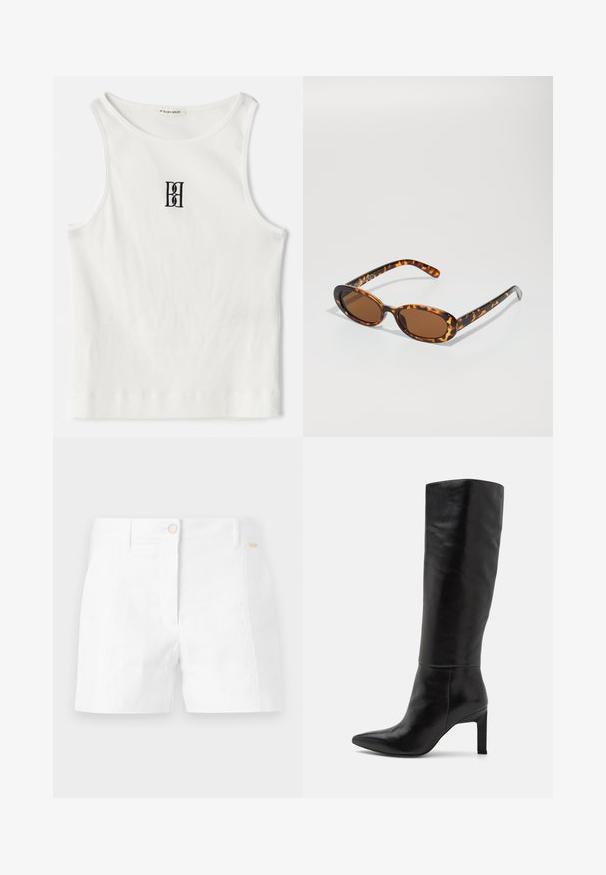 Canotta bianca a costine con un logo ricamato nero centrato sul petto. Il colletto e le aperture delle braccia sono rifiniti con un sottile bordino.; Pantaloni corti in cotone bianco a taglio dritto, con chiusura frontale a bottone e tasche laterali. Texture liscia con dettagli minimi.; Stivali in pelle nera alti fino al ginocchio con punta affusolata e texture liscia. Il tacco è di tipo blocco, aggiungendo stabilità al design.; Occhiali da sole tartaruga con montatura ovale, lenti marroni e astine nere sottili con accenti di pattern discreti.; Borsa a spalla in finta pelle marrone con forma curvata, cuciture minime e un accento in metallo dorato. Presenta una chiusura con zip superiore e una tracolla regolabile.; Orologio in acciaio inox nero con cassa rotonda, marcatori e lancette dorate. Caratterizzato da un bracciale in metallo con finitura spazzolata.