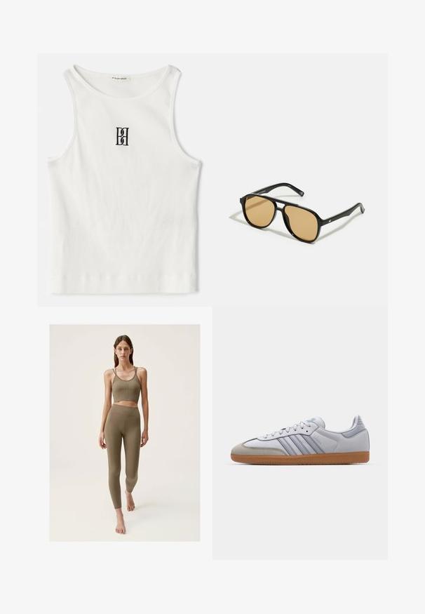 Baltas visiškai susipynęs polos marškinėliai su juodu siuvinėtu logotipu, uždedamu centre ant krūtinės. Kaklo iškirptė ir rankovių angos baigtos subtiliu apvadu.; Khaki aktyvaus apdaro rinkinys, kuriame yra priglustanti trumpa viršūnė su plonomis juostelėmis ir aukšto liemens leggingai su strukturiniu tekstūru ir siuvimo detalėmis.; Balti odiniai sportbačiai su šviesiai mėlynais akcentais, pilku zomšiniu priekiu ir rudu guminiu padu. Dėmėsi trys mėlynos juostelės ir "Samba" prekės ženklas.; Juodi saulės akiniai su rudais lęšiais; stačiakampio formos, su storu rėmu, įskaitant subtilias detales ant šventyklų.