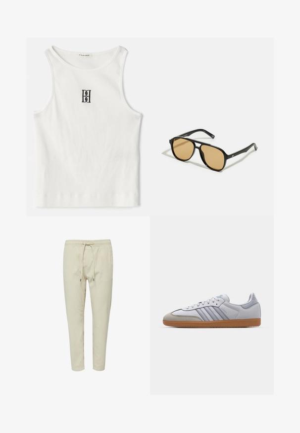 Weißes geripptes Tanktop mit einem schwarzen gestickten Logo, das zentral auf der Brust platziert ist. Der Halsausschnitt und die Armausschnitte sind mit einer dezenten Einfassung versehen.; Beige Baumwoll-Jogginghosen mit elastischem Bund und Kordelzug. Schmal zulaufendes Bein und eine glatte Textur ohne zusätzliche Muster.; Weiße Ledersneaker mit hellblauen Akzenten, grauem Wildlederzehen und einer braunen Gummisohle. Verfügt über drei blaue Streifen und "Samba"-Branding.; Schwarze Sonnenbrille mit braun getönten Gläsern; rechteckige Form mit einem dicken Rahmen, einschließlich subtiler Hardware-Akzente an den Bügeln.