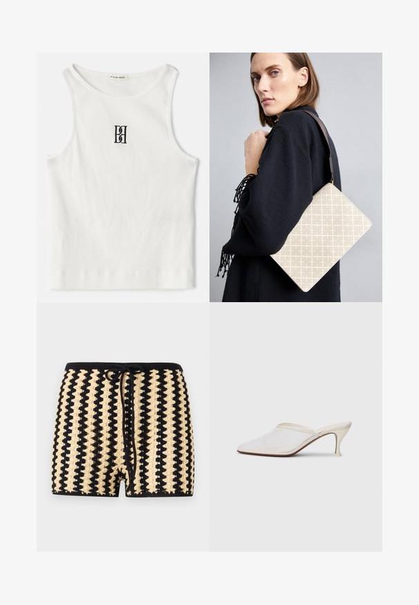 Balts ribots bez piedurknēm, kuram centrā uz krūtīm ir melns izšūts logo. Kakla un roku caurumu malas ir rūpīgi apstrādātas ar smalku apdari.; Melnas un bēšas tamborētas peldbikses ar aukliņu viduklī, piedāvājot teksturētu rakstu pārmaiņus dažādās krāsās un vidus līdz thigh garumu.; Baltas austs punka purngals mūlis ar šauru vidēji augstu papēdi un uzvelkamu dizainu uz vienkārša fona.; Bežs rakstains plecu soma ar strukturētu formu, kurai ir brūns fakturēts siksniņš. Valkāta uz modeļa pelēkā fona.