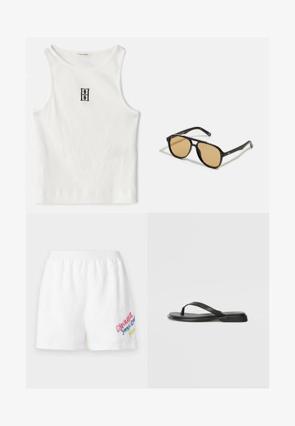 Débardeur blanc à côtes avec un logo noir brodé centré sur la poitrine. L'encolure et les emmanchures sont finies avec un biais subtil.; Dsquared2 BAGGY - Short - white; Tongs noires en cuir lisse, avec un design de sangle fine et une semelle plate à profil minimal. Aucun motif ou accent notables.; Lunettes de soleil noires avec des verres teintés marron ; forme rectangulaire avec une monture épaisse, incluant des détails discrets en métal sur les branches.; Sac à main en cuir marron avec deux poignées robustes, de forme rectangulaire, texture lisse et fermeture zippée. Design minimaliste sans motifs visibles.