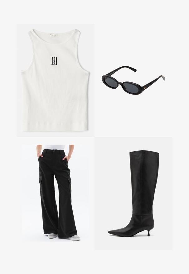 Witte geribde tanktop met een zwart geborduurd logo in het midden van de borst. De halslijn en armsgaten zijn afgewerkt met een subtiele bies.; Brede cargobroek van donkergroene stof met zijzakken en een knoopsluiting. Gladde textuur met een getailleerde pasvorm. Gepaard met grijze sneakers.; Zwarte leren laarzen tot de knie met een spitse neus en een kittenheel. Gladde textuur en minimalistisch ontwerp zonder zichtbare hardware of accenten.; Zwarte oversized zonnebril met ovale lenzen, een glad plastic montuur en gouden accenten op de pootjes. Donkere lenzen bieden bescherming tegen de zon.