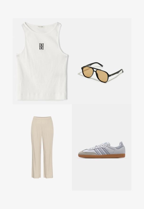 Weißes geripptes Tanktop mit einem schwarzen gestickten Logo, das zentral auf der Brust platziert ist. Der Halsausschnitt und die Armausschnitte sind mit einer dezenten Einfassung versehen.; Beige, leichte, weit geschnittene Hose aus einem strukturierten Stoff mit einem elastischen Bund und ohne sichtbare Verschlüsse.; Weiße Ledersneaker mit hellblauen Akzenten, grauem Wildlederzehen und einer braunen Gummisohle. Verfügt über drei blaue Streifen und "Samba"-Branding.; Schwarze Sonnenbrille mit braun getönten Gläsern; rechteckige Form mit einem dicken Rahmen, einschließlich subtiler Hardware-Akzente an den Bügeln.
