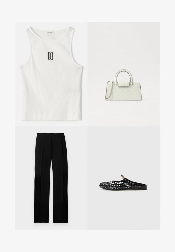 White ribbed tank top featuring a black embroidered logo centered on the chest. The neckline and armholes are finished with a subtle binding.; Black tailored pants with a smooth texture, straight-leg design, and front pleats. Features a flat waistband and no visible hardware.; Tory Burch MELLOW MARY JANE - Mules - perfect black/gold; Quilted white handbag with a structured design, top handle, detachable chain strap, and a raised logo on the clasp.