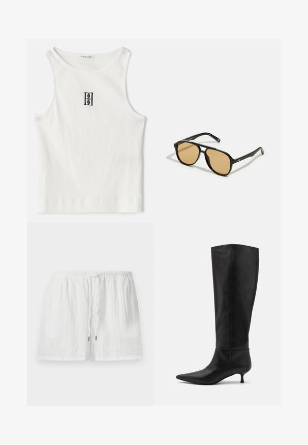Baltas visiškai susipynęs polos marškinėliai su juodu siuvinėtu logotipu, uždedamu centre ant krūtinės. Kaklo iškirptė ir rankovių angos baigtos subtiliu apvadu.; Lengvi balti medvilniniai šortai su elastine juosta ir reguliuojama raišteliu, pasižymintys tekstūruota medžiaga ir laisvu siluetu.; Aukščio iki kelių juodi odiniai batai su smailiu nose ir mažais kulniukais. Lygus paviršius ir minimalistinis dizainas be matomų priedų ar akcentų.; Juodi saulės akiniai su rudais lęšiais; stačiakampio formos, su storu rėmu, įskaitant subtilias detales ant šventyklų.