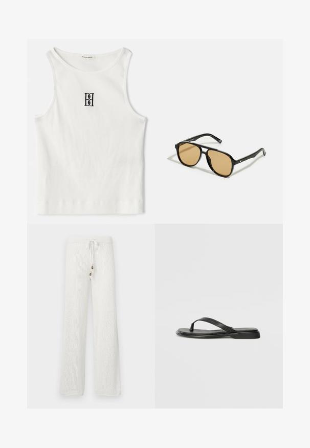 Débardeur blanc à côtes avec un logo noir brodé centré sur la poitrine. L'encolure et les emmanchures sont finies avec un biais subtil.; Pantalons de détente en tricot blanc avec un motif texturé, dotés d'une taille à cordon de serrage et de deux boutons décoratifs à l'avant.; Tongs noires en cuir lisse, avec un design de sangle fine et une semelle plate à profil minimal. Aucun motif ou accent notables.; Lunettes de soleil noires avec des verres teintés marron ; forme rectangulaire avec une monture épaisse, incluant des détails discrets en métal sur les branches.; Sac à main en cuir marron avec deux poignées robustes, de forme rectangulaire, texture lisse et fermeture zippée. Design minimaliste sans motifs visibles.