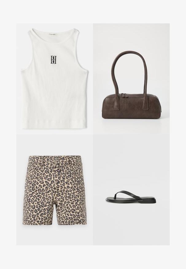 Top din bumbac alb cu nervuri, având un logo brodat negru centrat pe piept. Decolteul și brațele sunt terminate cu o margine subtilă.; Șorturi din denim cu imprimeu de leopard în nuanțe de bej și negru. Design clasic cu cinci buzunare, închidere cu nasture și bucle pentru curea. Textură netedă.; Sandale negre din piele netedă, cu un design cu curea subțire și o talpă plată cu un profil minimalist. Fără modele sau accente notabile.; Geantă de mână din piele maro, cu două mânere rezistente, formă rectangulară, textură netedă și închidere cu fermoar. Design minimalist, fără modele vizibile.