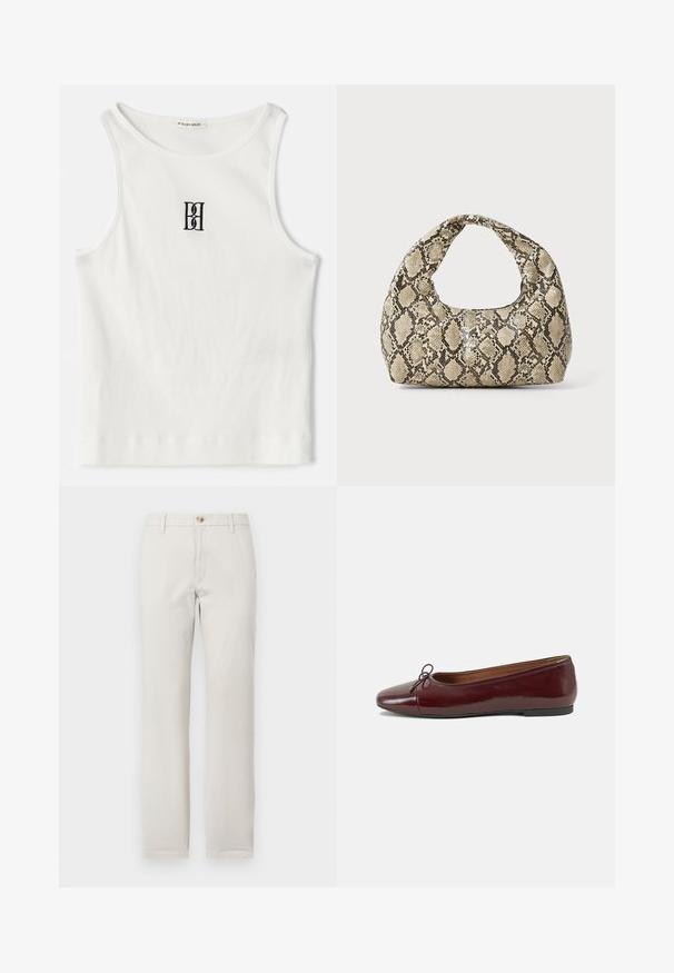 Baltas visiškai susipynęs polos marškinėliai su juodu siuvinėtu logotipu, uždedamu centre ant krūtinės. Kaklo iškirptė ir rankovių angos baigtos subtiliu apvadu.; Tiesios kojos šviesiai rudos kelnės su diržo kilpomis, priekyje užsegamos mygtuku ir su užtrauktuku, prieš balto fono.; Bordo lakiotos odos baleto bateliai su apvalia nosimi, maža kaspinėlio akcentu priekyje ir žema juoda guma padanga. Lygi tekstūra.; Gyvatės rašto rankinė su kreiviu rankenėle. Pagaminta iš tekstūruotų smėlio ir rudos spalvos medžiagų, su išskirtiniu rombo raštu.