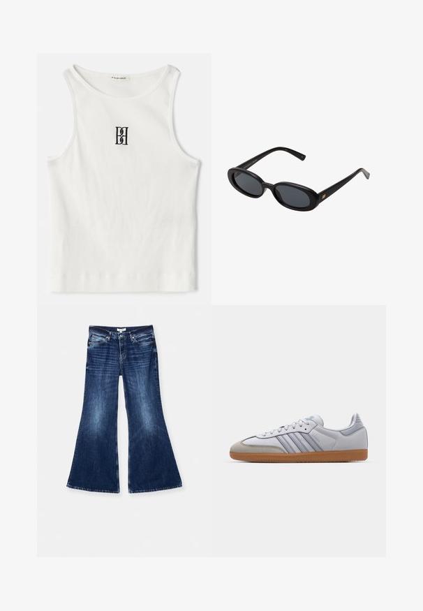 Bílý žebrovaný top bez rukávů se černým vyšitým logem uprostřed hrudi. Výstřih a otvory na ruce jsou zakončeny jemným lemováním.; RE/DONE BAGGY FLARE - Široké džíny - monterey fade; Bílé kožené tenisky s světle modrými akcenty, šedým semišovým špičkou a hnědou gumovou podrážkou. Obsahují tři modré pruhy a branding "Samba".; Černé oversized sluneční brýle s oválnými čočkami, hladkým plastovým rámem a zlatými akcenty na spáncích. Tmavé čočky poskytují ochranu před sluncem.