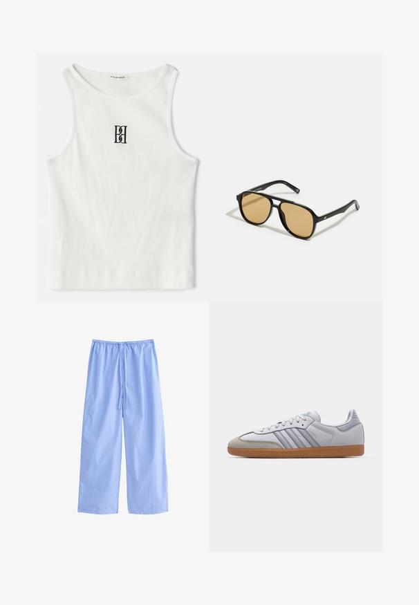 White ribbed tank top featuring a black embroidered logo centered on the chest. The neckline and armholes are finished with a subtle binding.; Light blue, wide-leg pants made of a soft fabric with vertical white stripes. Features an elastic waistband with a drawstring for adjustment.; White leather sneakers with light blue accents, grey suede toe, and a brown rubber sole. Features three blue stripes and "Samba" branding.; Black sunglasses with brown tinted lenses; rectangular shape with a thick frame, including subtle hardware accents on the temples.