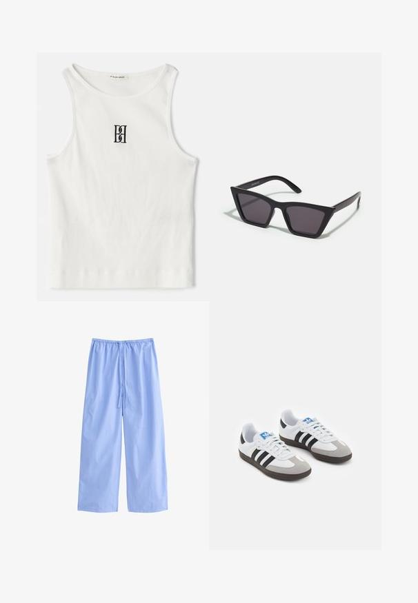 Biały prążkowany top na ramiączkach z czarnym haftowanym logo umieszczonym na środku klatki piersiowej. Dekolt i otwory na ramiona wykończone subtelnym obszywaniem.; Jasnoniebieskie spodnie o szerokich nogawkach wykonane z miękkiego materiału w pionowe białe paski. Posiadają elastyczny pas z sznurkiem do regulacji.; Buty sportowe z białą skórzaną cholewką, szarym zamszowym noskiem i trzema czarnymi paskami. Posiadają niebieskie logo na języku oraz teksturowaną gumową podeszwę.; Czarne, kanciaste okulary przeciwsłoneczne z szarymi soczewkami; wykonane z plastiku, z grubymi zausznikami o gładkiej powierzchni i bez widocznych elementów metalowych.