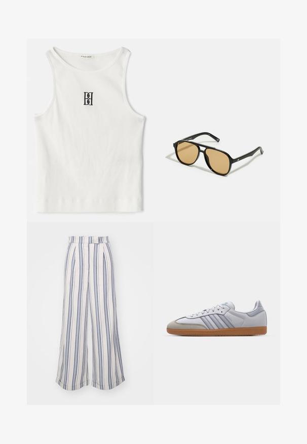 Balts ribots bez piedurknēm, kuram centrā uz krūtīm ir melns izšūts logo. Kakla un roku caurumu malas ir rūpīgi apstrādātas ar smalku apdari.; Pruikotu platleņķu bikses krēmkrāsā un jūras zilā krāsā, izgatavotas no mīkstas auduma. Tām ir pieguļoša jostasvieta un sarullēti apakšmalas, izceļot vertikālās svītras.; Baltas ādas sporta apavi ar gaiši ziliem akcentiem, pelēka zamša purngala un brūnas gumijas zole. Iezīmē trīs zilas svītras un "Samba" zīmolu.; Melnas saulesbrilles ar brūnā tonītiem stikliem; taisnstūra forma ar biezu rāmi, ieskaitot smalku aparatūru akcentu uz tempļiem.