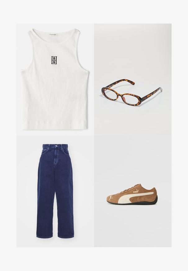 Bela rebrasta majica bez rukava s crnim izvezenim logotipom u središtu grudnog dela. Ovratnik i otvor za ruke su završeni suptilnim obradom.; Carhartt WIP BRANDON PANT - Široke kavbojke - air force blue; Rjave zamšaste nizke teniske s kremastimi poudarki, teksturirano površino, črnim gumijastim podplatom in izvezenim logotipom na strani in jeziku.; Tortoiseshell očala z ovalnimi lečami, ki imajo sijoč zaključek, ozke ročice in subtilne vzorce, ki spominjajo na tigerjeve proge.