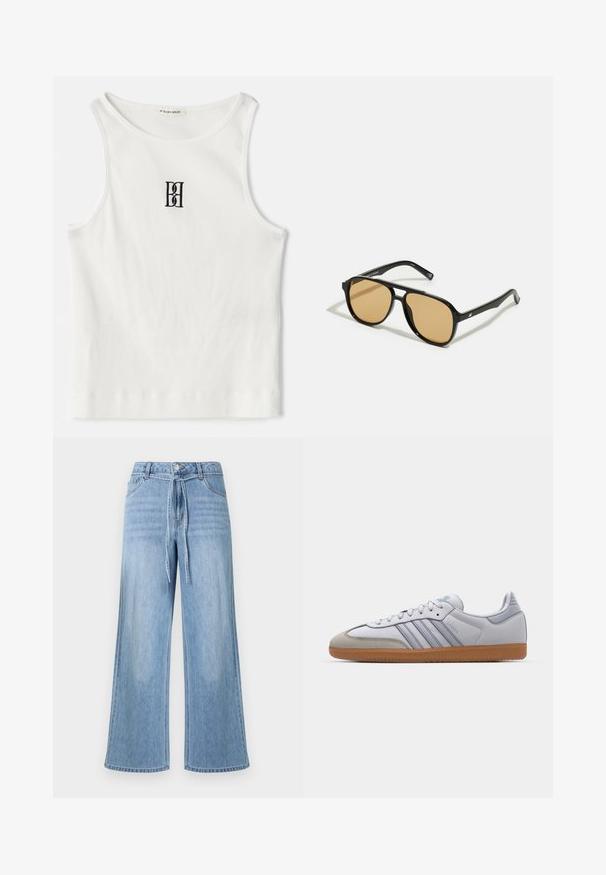 White ribbed tank top featuring a black embroidered logo centered on the chest. The neckline and armholes are finished with a subtle binding.; Light blue wide-leg denim jeans featuring a tied waistband, front pockets, and a classic five-pocket design with subtle fading.; White leather sneakers with light blue accents, grey suede toe, and a brown rubber sole. Features three blue stripes and "Samba" branding.; Black sunglasses with brown tinted lenses; rectangular shape with a thick frame, including subtle hardware accents on the temples.